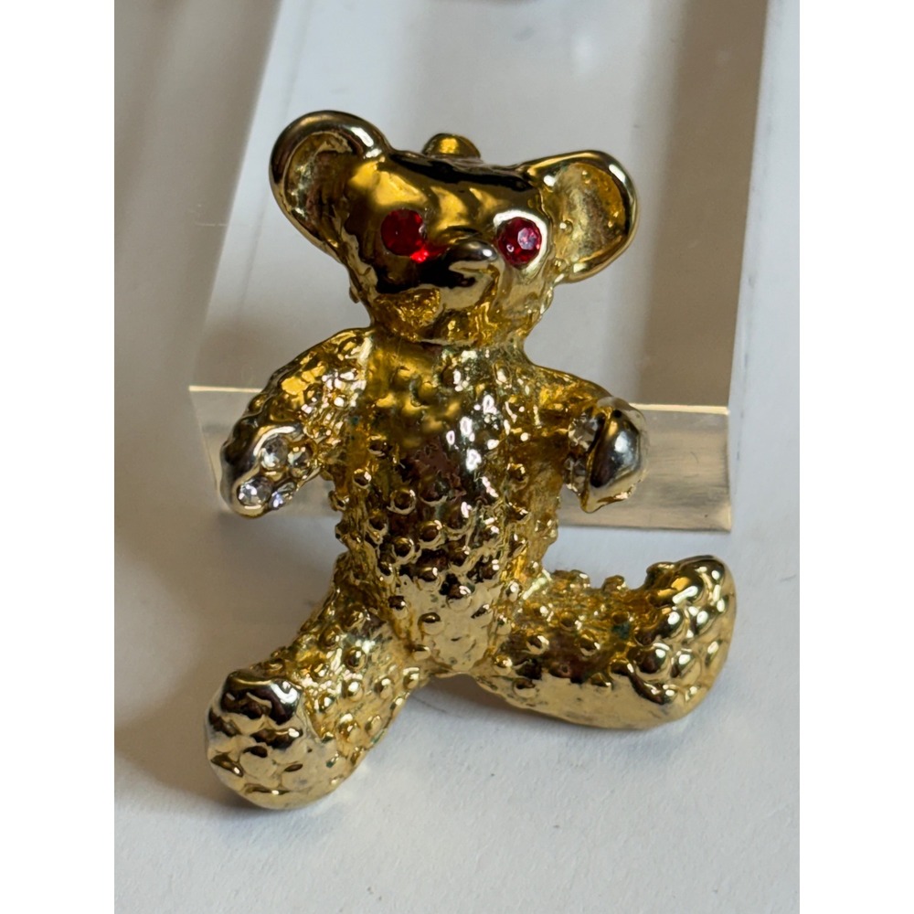 Vintage Gold Tone Whimsical Teddy Bear Brooch Red Rhinestone Eyes Crystal Paws